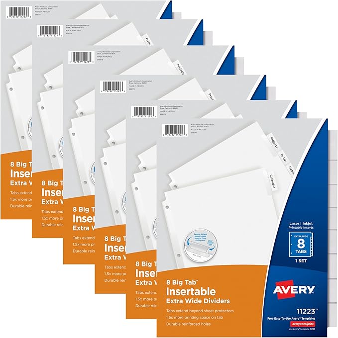 Avery Big Tab Insertable Extra Wide Dividers for 3 Ring Binders, 8-Tab Sets, Clear Tabs, 6 Sets (21940)