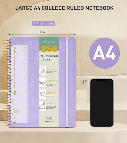 A4 Spiral Notebook Journal 8.5” x 11”, 256 Numbered Pages Hardcover Leather Journals for Women Men, Large Lined College Ruled Notebooks, 100GSM Thick Paper, Spiral Bound Journal for Work School, Purple