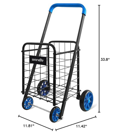 SereneLife Kids Utility/Shopping Cart with Rolling Swivel Front Wheels,66 lbs Capacity,Portable,Lightweight,Collapsible Compact Easy Folding Saves Space, Grocery,Laundry,Luggage with Your Child Blue
