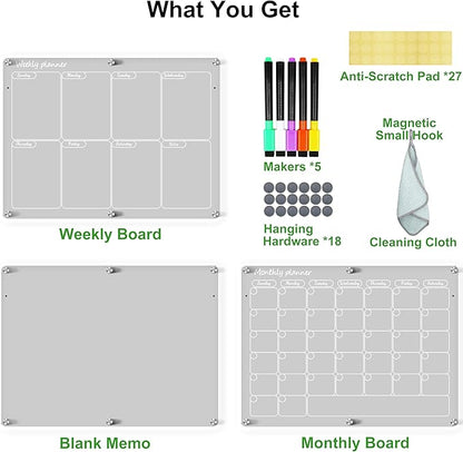 Magnetic Acrylic Calendar for Fridge Magnetic Calendar for Refrigerator, 16"X12" Clear Monthly Weekly Planner 3 Pcs Acrylic Dry Erase Board Magnet Whiteboard