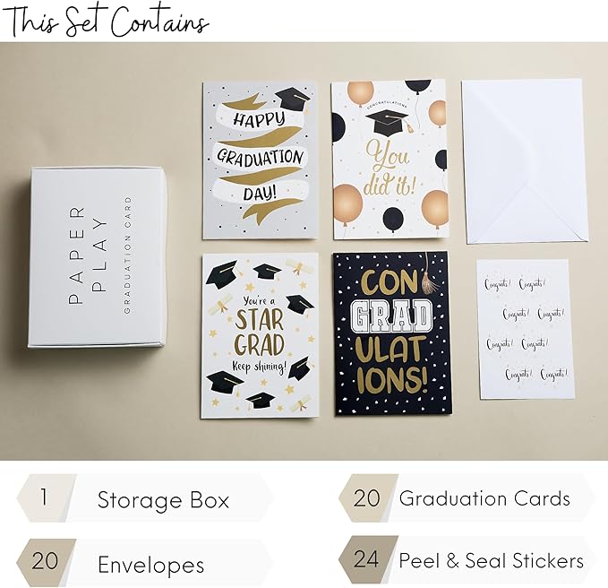 Graduation Cards 2024-20 Pack Matte Gold Foil Congratulations Cards, 7x5 Inches Bulk Greeting Cards with Envelopes and Stickers - College & High School Graduation