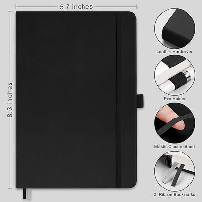 RETTACY Journaling Notebooks, A5 Lined Journal Notebook with 192 Numbered Pages, 5.7'' × 8.3'' Medium Size, for Writing, Work, Office, Leather Hardcover, 100 GSM Thick Paper (Black)