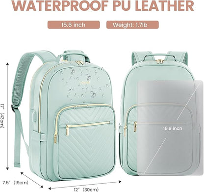 LOVEVOOK Leather Backpack for Women,15.6 inch Leather Laptop Backpack Women Computer Backpack Laptop Bag,Stylish Quilted Travel Backpack Purse Work College Teacher Backpack with USB Port,Powder Blue