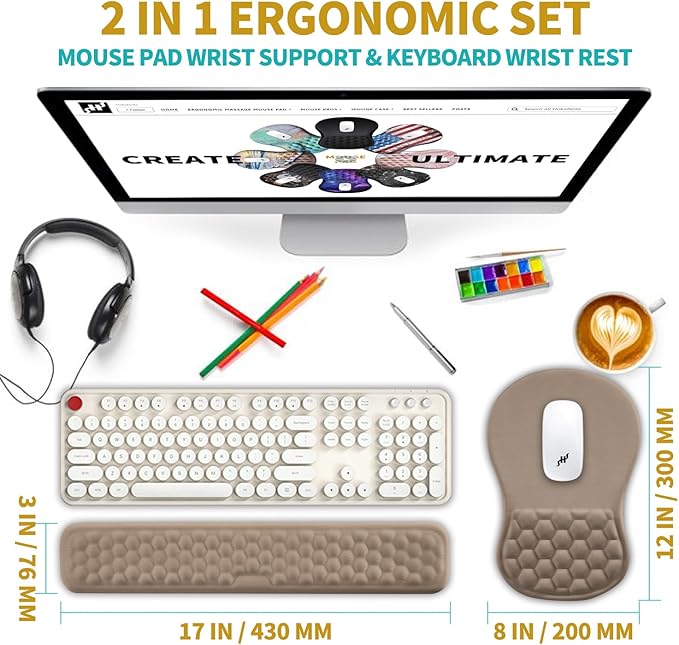 Hokafenle 2 in 1 Ergonomic Mouse Pad Wrist Support & Wrist Rest for Computer Keyboard Set, with Relieve Carpal Tunnel Pain Massage Bulge and Full Memory Gel Design (2In1 Set, Sand Color)