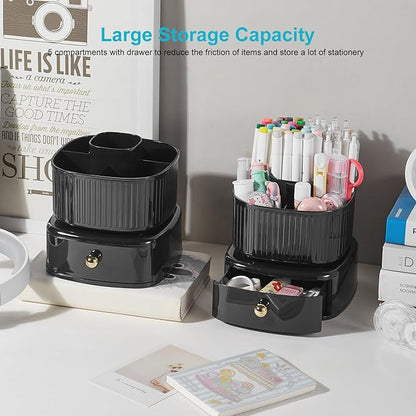 Desk Pencil Pen Holder with Drawer, 5 Slots 360 Degree Rotating Pencil Pen Organizers Desk Organizers for Office Accessories Shool Supply Black