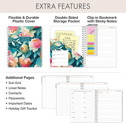 Essential PRO 2025 Daily, Weekly & Monthly Planner, 7"x9": 14 Months (Nov 2024 - Dec 2025) Monthly Tabs,Daily Tracking,Notes Pages,Storage Pocket,Bookmark w Sticky Notes (Teal Floral)