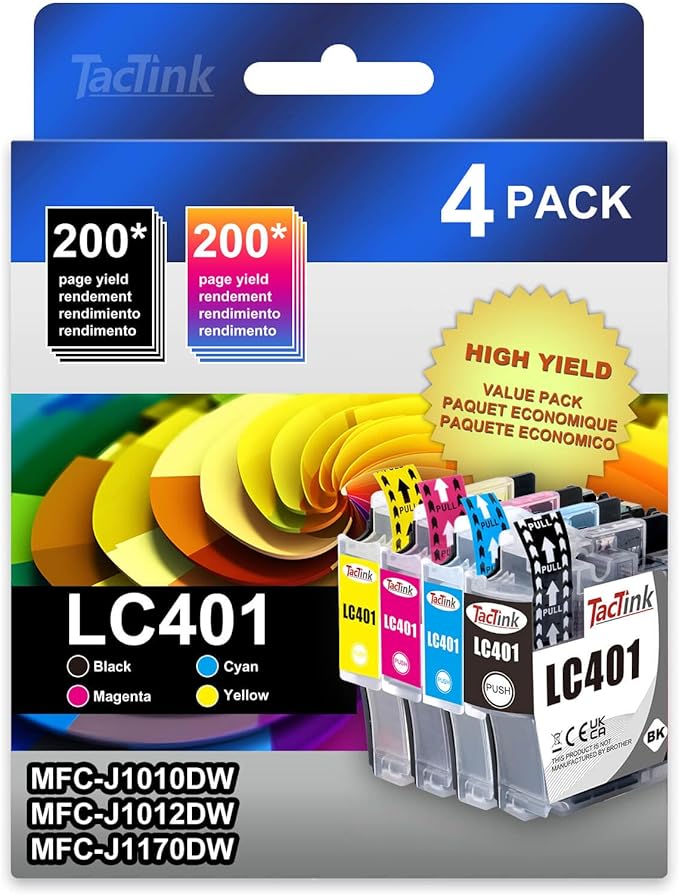 LC401 Ink Cartridges Replacement for Brother LC 401 LC-401 Ink to Use with Brother MFC-J1010DW, MFC-J1012DW, MFC-J1170DW Printer, 4 Pack (Black, Cyan, Magenta, Yellow)