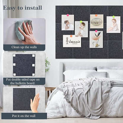 Cork Board 48 x 36, 12 Pack Bulletin Boards for Walls, Large Felt Wall Tiles with Pushpin, Noise Reduction Alternative Cork Board for Office Wall(Gray Black)