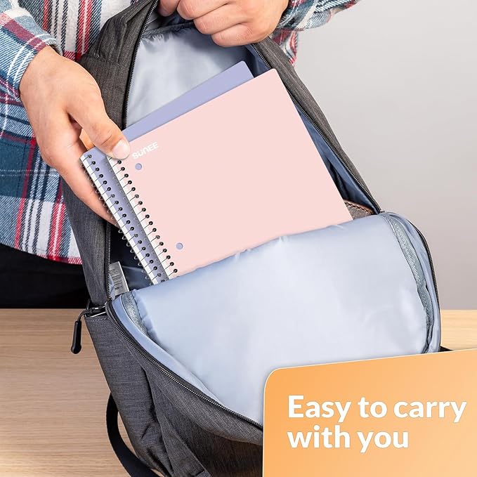 SUNEE Spiral Notebooks, 1-Subject, 5 Pack, College Ruled Paper, 8" x 10-1/2", 70 Sheets per Notebook,3-Hole Punched Paper, Pink,Purple, Blue, Green, Yellow Spiral Lined Notebooks for School,Work