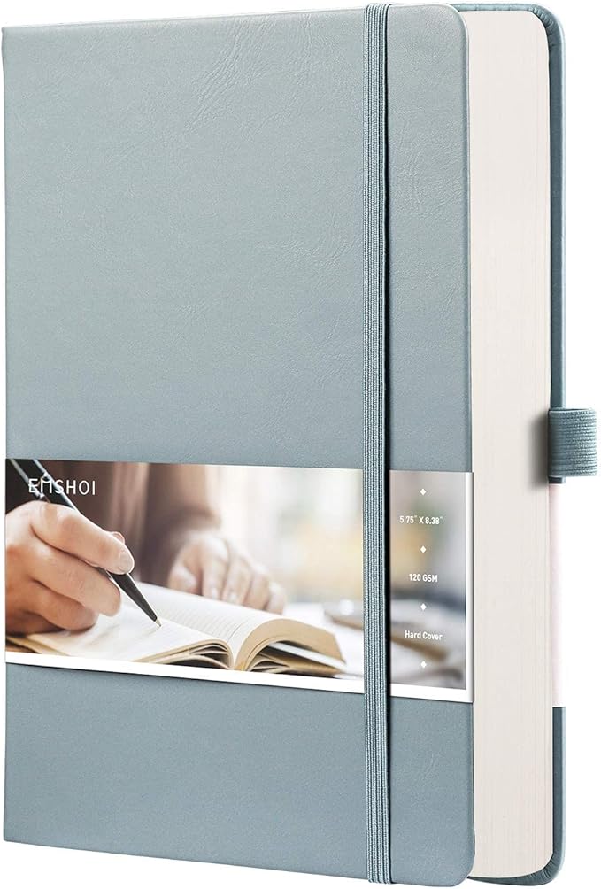 EMSHOI Dotted Notebook - 256 Pages A5 Dotted Grid Journal Notebook,120gsm Thick Paper,16 Perforated Pages, Smooth PU Leather, Inner Pocket,5.75'' × 8.38''-GrayBlue