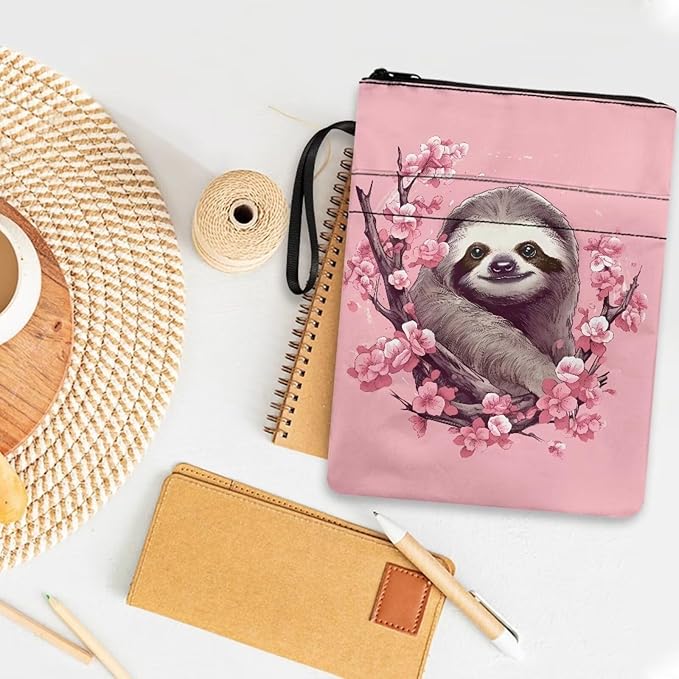 COEQINE Sloth Book Sleeve for Women Pink Cherry Blossom Book Covers for Hardcover Paperbacks Front Pocket Zipper Book Cover Case
