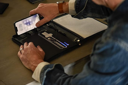 Phone Charging Business & Travel Portfolio w/Built-in Power Bank- Zipper Closure & Refillable Pad- Professional Organizer Padfolio That Charges Phones/Tablets on The Go (Black)