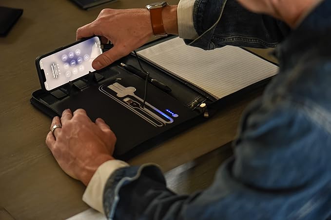 Phone Charging Business & Travel Portfolio w/Built-in Power Bank- Zipper Closure & Refillable Pad- Professional Organizer Padfolio That Charges Phones/Tablets on The Go (Brown)