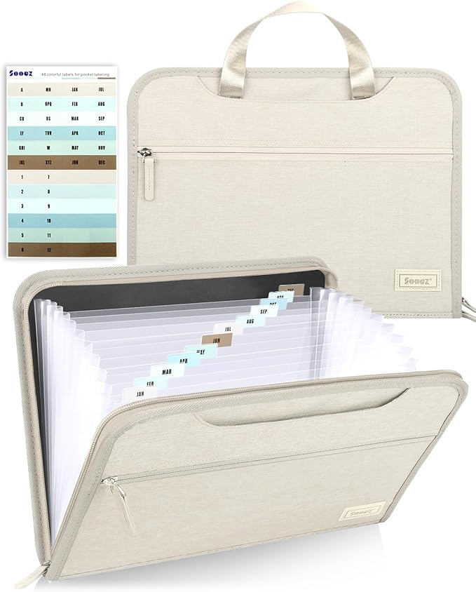 Sooez Heavy Duty Accordion File Organizer with Hidden Handle, Portable 12 Pockets Expanding File Folders, Cloth Monthly Bills Receipt Organizer for Letter/A4, School Classroom Home & Office Supplies