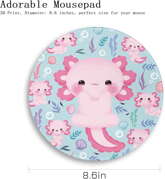 Cute Axolotls Round Mouse Pad, Small Mousepad for Laptop Gaming Women, with Stitched Edge Non-Slip Rubber Base, Cute Home Office Decor Desk Accessories Office Supplies Gift for Women Teen Girls