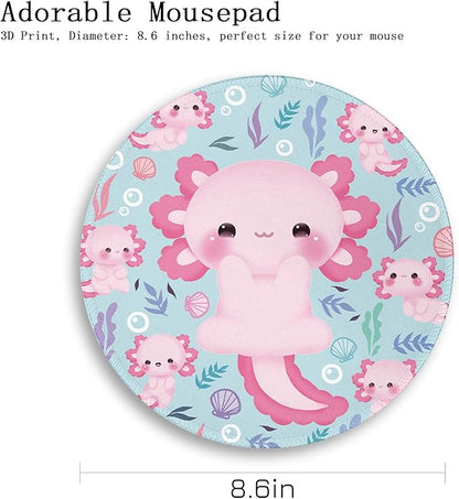 Cute Axolotls Round Mouse Pad, Small Mousepad for Laptop Gaming Women, with Stitched Edge Non-Slip Rubber Base, Cute Home Office Decor Desk Accessories Office Supplies Gift for Women Teen Girls