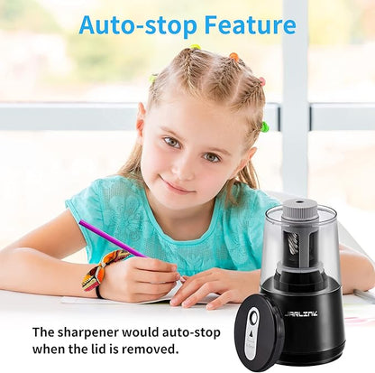 JARLINK Electric Pencil Sharpener, Heavy-duty Helical Blade to Fast Sharpen, Auto Stop for No.2/Colored Pencils(6-8mm), USB/Battery Operated in School Classroom/Office/Home (Black)