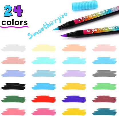 SMOOTHERPRO 24 Acrylic Paint Pens, Brush Tip (1-6mm) Acrylic Paint Markers, Fabric Markers for Textile, Canvas, Rock, Glass, Wood, Paper, Pumpkin, DIY