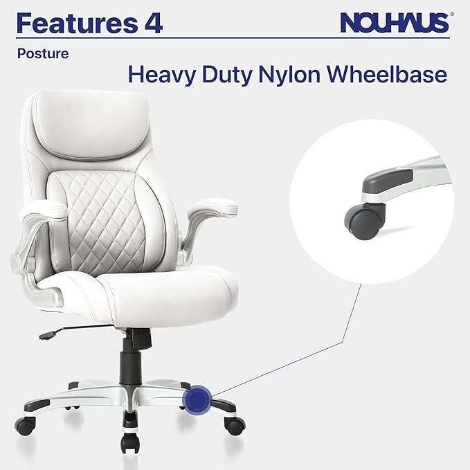 Nouhaus +Posture Ergonomic PU Leather Office Chair. Click5 Lumbar Support with FlipAdjust Armrests. Modern Executive Chair and Computer Desk Chair (White)