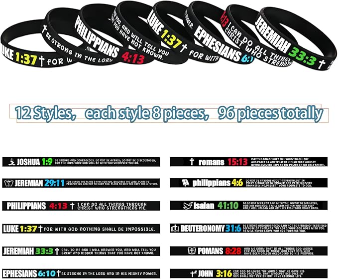 96 Pieces Bible Verses Silicone Bracelets Religious Rubber Wristbands Inspirational Messages Wrist Bands Colored Silicone Presents Bible Wristbands for Men Women Teenagers Teachers