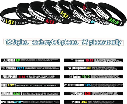 96 Pieces Bible Verses Silicone Bracelets Religious Rubber Wristbands Inspirational Messages Wrist Bands Colored Silicone Presents Bible Wristbands for Men Women Teenagers Teachers