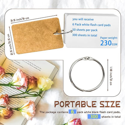 MotBach 300 Sheets White Blank Flash Cards with Binder Rings,3.5 x 2.2 Inch Index Cards, Small Note Cards Study Cards Learning Cards Kraft Paper Cards, Easy Flip Mini Index Note Flashcards (6 Pack)