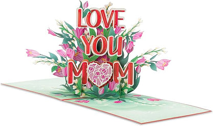 Love You Mom Pop Up Card, Flower, Heart Shaped Symbol, Gift For Birthday, Mothers Day, Anniversary, Valentines Day, Mom, Godmother, Mother in Law, 5x7 - Includes Envelope And Message Note