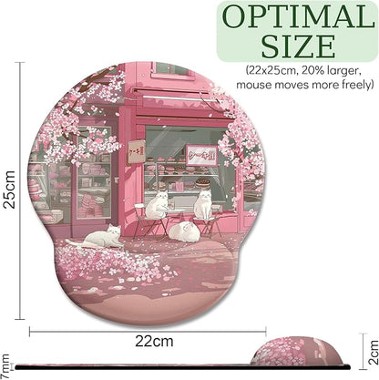 Cat Ergonomic Mouse Pad with Wrist Rest, Pink Cherry Blossom Computer Mouse Pad Wrist Support with Non-Slip Pain Relief PU Base, Cute Office Desk Decor Accessories Japanese Dessert House