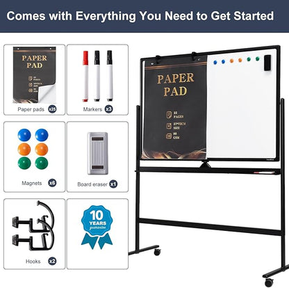 Dry Erase Whiteboard Easel on Wheels - TANKEE 70" x 36" Large Double Sided Mobile Whiteboard, Reversible Magnetic Rolling White Board for Home Office Classroom, Flip Chart Holders and Paper Pad