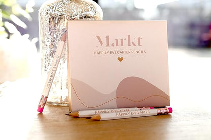 Markt Mini Pencils for Bridal Shower Games, Bridal Shower Pens, Happily Ever After Pencils, Small Pencil Set For Prizes, Game Winner Gifts (White With Pink Eraser)