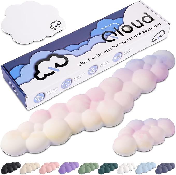 Qloud Cloud Wrist Rest Keyboard Wrist Rest for Computer Keyboard Pad, Cloud Keyboard Wrist Rest, Wrist Pad for Keyboard, Memory Foam, Non Slip Base, Comes with Mouse Pad - Rainbow