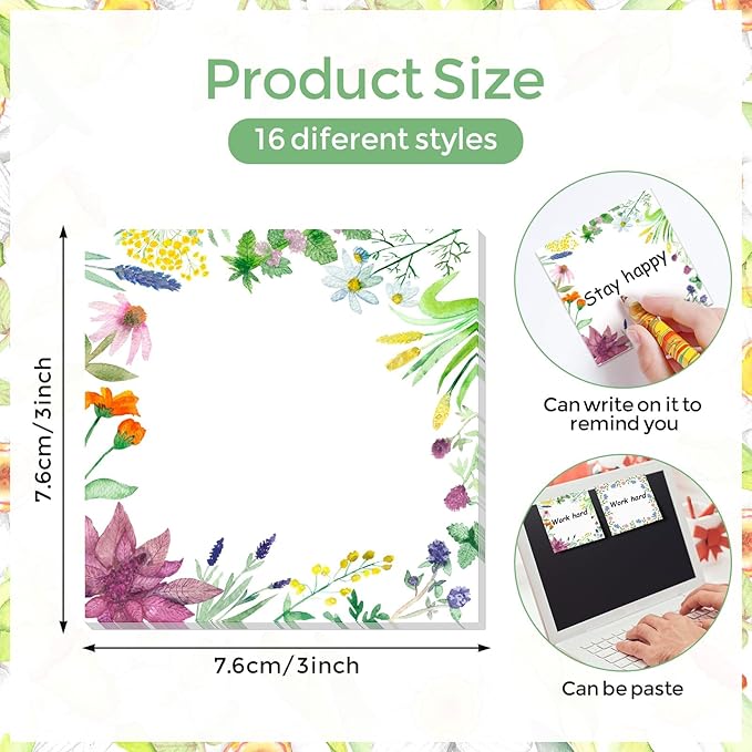 16 Pieces Spring Wreath Sticky Notes Flower Notes Pads Self-Adhesive Floral Sticky Memo Notes for Spring School Work Office Home Supplies Students Teachers Present