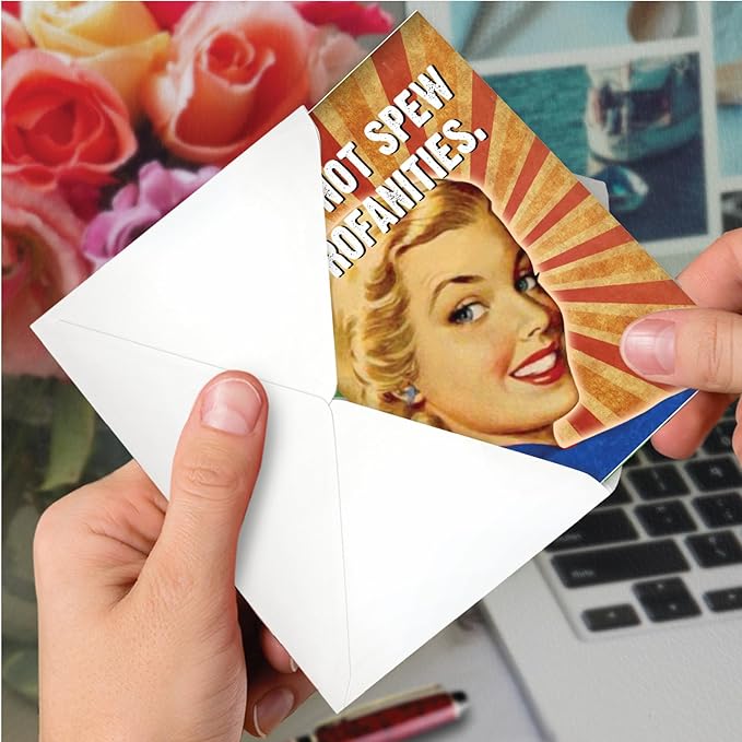 NobleWorks - 1 Funny Happy Birthday Greeting Card - Retro Woman Humor, Notecard Talk Bubbles - Mind Your Language C3229BDG