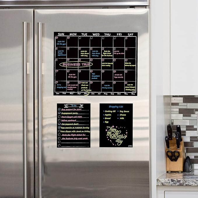 Magnetic Chalkboard Monthly Calendar with neon Bright Liquid Chalk Markers – Black Refrigerator Monthly Planning Board w/Bonus - Grocery List and Notepad for Kitchen Refrigerator