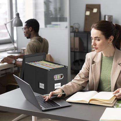 Hanging File Filing Box with Lid, Linen Collapsible File Organizer Box for Hanging Folder, Office/Home Decorative Storage Boxes Filing Cabinet (Black, 14x9.3x10.9)