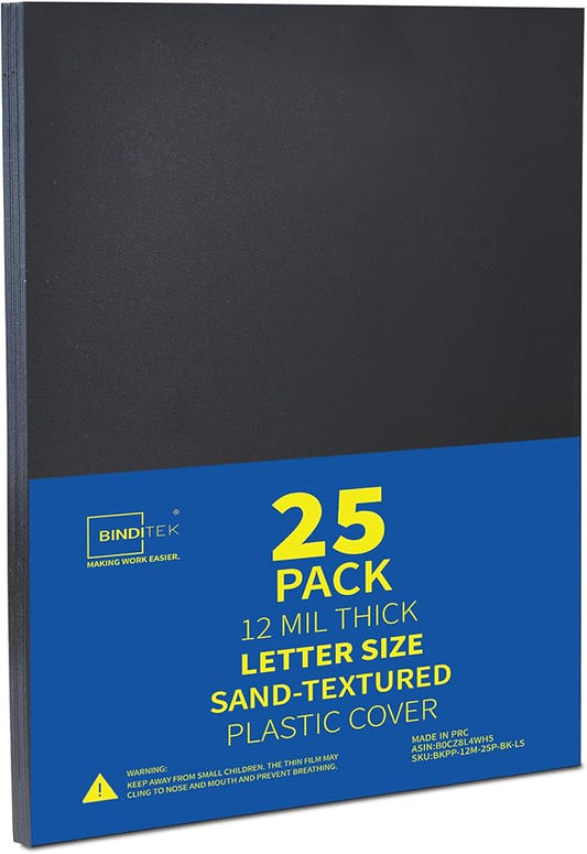 Binditek 25 Pack 12 Mil Sand-Textured Polycover, Midweight Binding Front and Back Covers, Lightly Textured Sand Finish, 8-1/2" x 11", Square Corners, Un-Punched, Black, Office Supplies