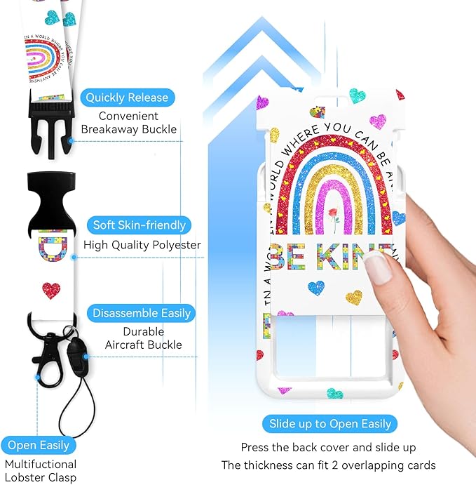 Rainbow Puzzle Badge Holder with Retractable Reel and Breakaway Lanyard，Badge Clips Retractable Heavy Duty Badge Reel，Funny Keychain，ID Holder with Breakaway Lanyard for School Nurse Office Teen