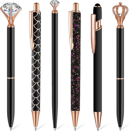 6 Pcs Ballpoint Pens Set Metal Crystal Diamond Pen for Journaling Glitter Pretty Cute Stationery Black Ink Fancy Gifts for Women Girls Teacher Office Wedding School Supplies(Black)