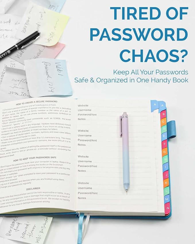 Password Keeper Book with Colorful Alphabetical Tabs, Hardcover Log Book for Internet Password and Website Address, Personal Organizer with Notes Section and Back Pocket and Two Bookmarks (Turquoise)