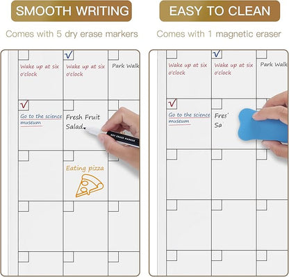 SELEAD Magnetic Glass Whiteboard Monthly Planner - 32”x24” Large Wall Calendar Dry Erase White Board, TODO Memo Bulletin Board for Home School Office - White&Gold