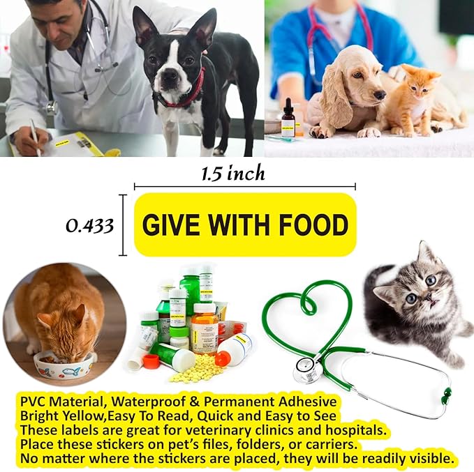 Give with Food-Veterinary Labels/Stickers, 1.5 x 0.43 inch Medication Instruction Labels for Medical Containers Pharmacies Hospitals for Drugstor Management, 500 Labels per roll (Yellow)