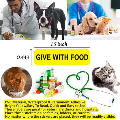 Give with Food-Veterinary Labels/Stickers, 1.5 x 0.43 inch Medication Instruction Labels for Medical Containers Pharmacies Hospitals for Drugstor Management, 500 Labels per roll (Yellow)