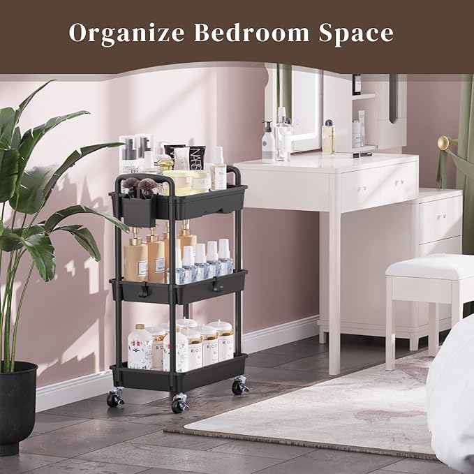 Rolling Utility Cart with Drawer 3 Tier, Utility Storage Organizer with Plastic Shelf & Lockable Wheels Multifunctional Storage Cart for Kitchen, Bathroom, Office, Living Room, Black