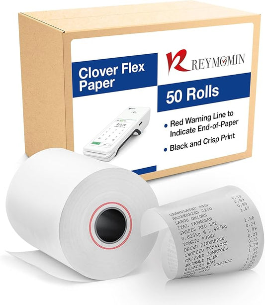 Clover Flex Receipt Paper - 50 Thermal Paper Rolls - 2 1/4'’ x 50’ - BPA Free - 55 GSM - Cash Register Receipt Paper for Clover Flex C401, C403, C405 and C406 POS Machines
