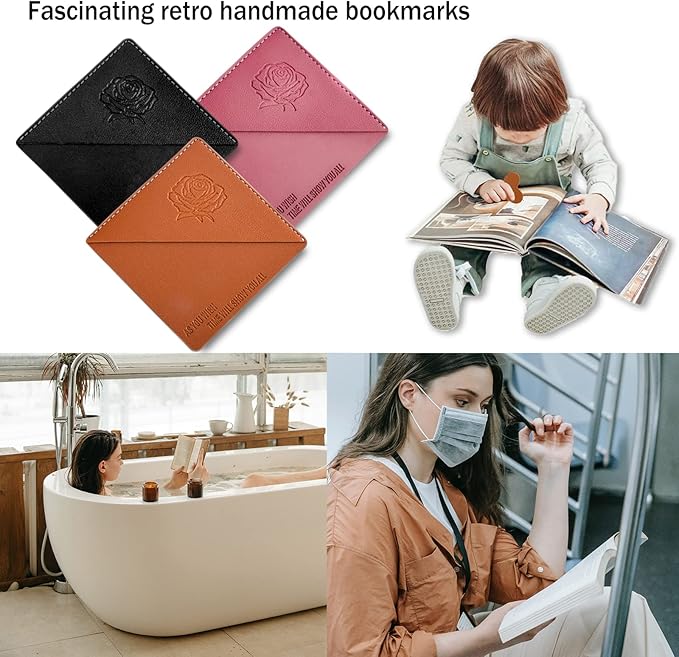 Leather Square Bookmarks - 3 Pieces Retro Flower Print Book Markers Clip Set for Teachers Students Book Reading Lovers, for School Office Home Supplies, Wayzton Corner Page Book Marks