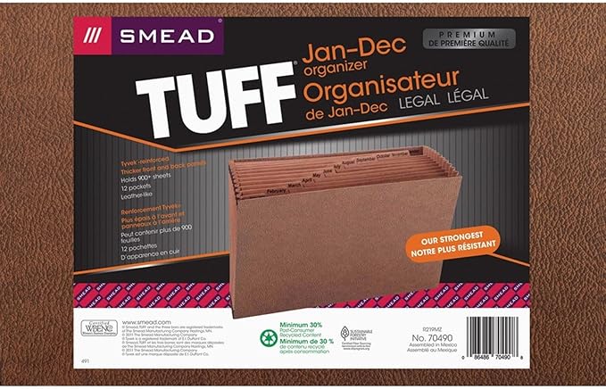 Smead TUFF Expanding File, 12 Pockets, Monthly (Jan.-Dec.) Legal Size, Redrope (70490), Brown