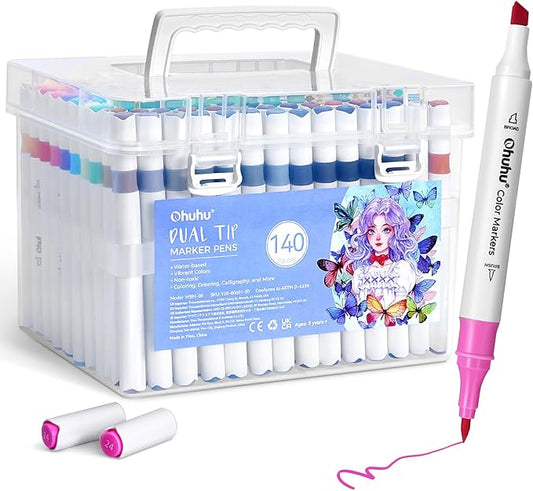 Ohuhu Markers for Adult Coloring Books No bleeding 140 Colors Water-based Coloring Markers Dual Tips Chisel & Brush Drawing Pens Art Markers for Kids Adults Beginners Lettering Journaling