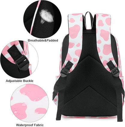 Cow Print School Backpack for Teens Girls, Womens College Bookbags Laptop Backpacks (Pink)