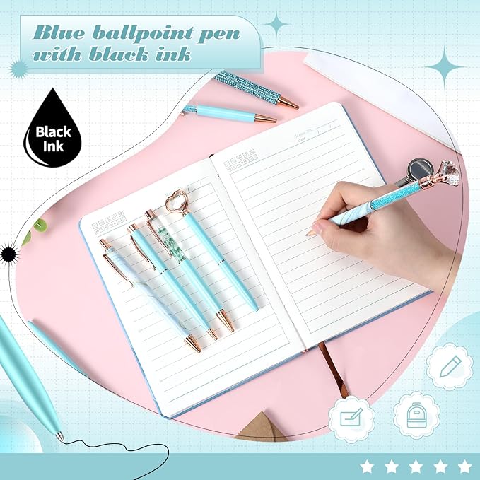 Supervitae 8 Pcs Ballpoint Pen for Women Fancy Gifts for Journaling Liquid Sand Glitter Black Ink Pens Bridal Shower Gifts for Wedding Women Office Desk School Stationery Supplies(Blue)