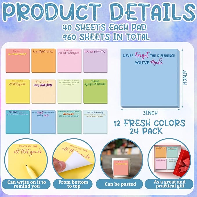 Yinder 24 Pcs Employee Appreciation Sticky Notes Thank You Gifts Bulk Note Pads with Sayings Teacher Gift Mini Pocket Inspirational Notepads for Coworker Office Supply 3 x 3''(Colorful,Thanks)
